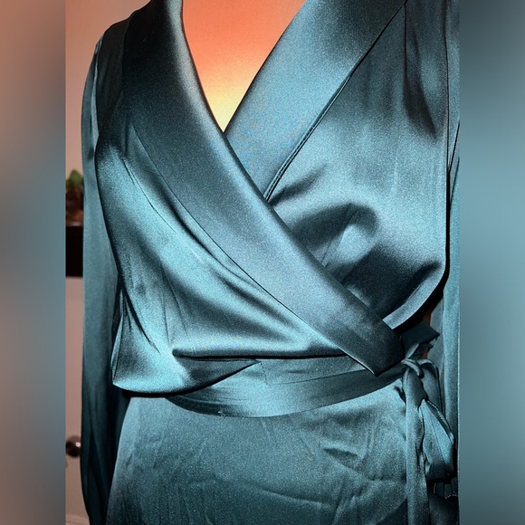 WHBM Long Sleeve Satin Ruffle Wrap Dress In Deep Mineral Green - Picture 4 of 6